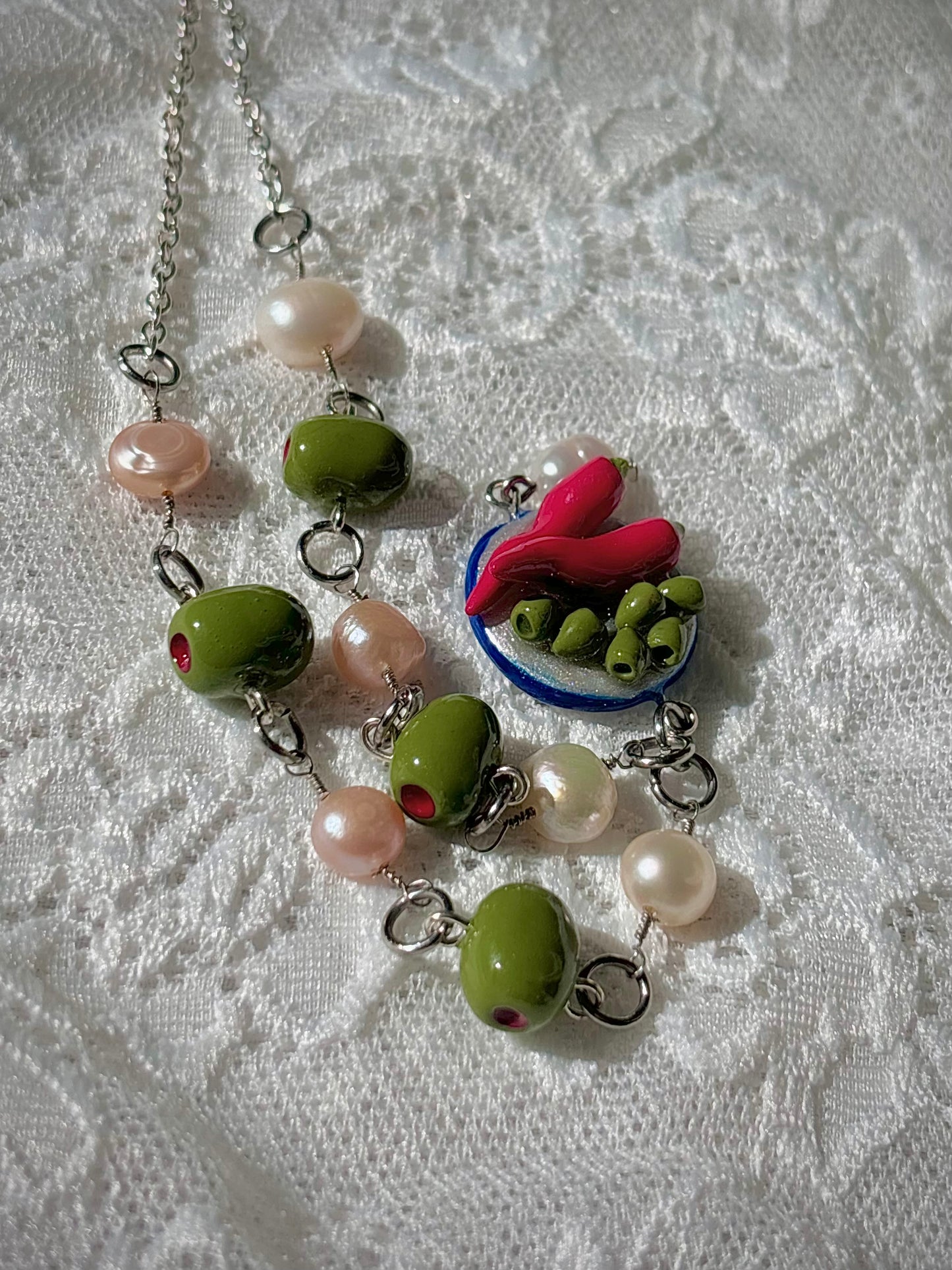 Savory Appetizer Plate Olive and Chili Peppers Necklace