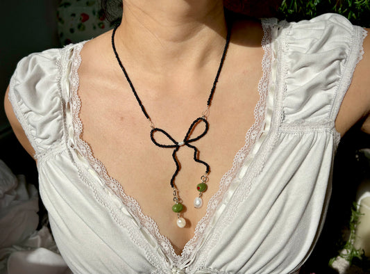 Coquette Black Bow Olive Necklace